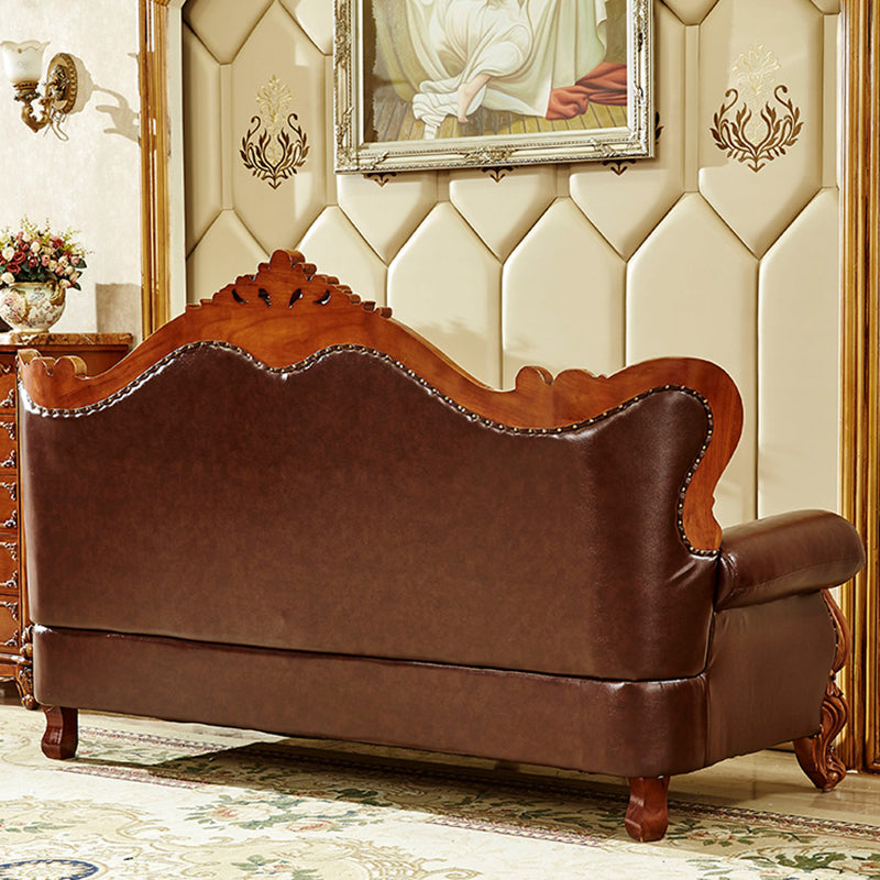 Ornate Traditional Tufted Split-Back Seating Flared Arm Sofa with Pillows in Brown