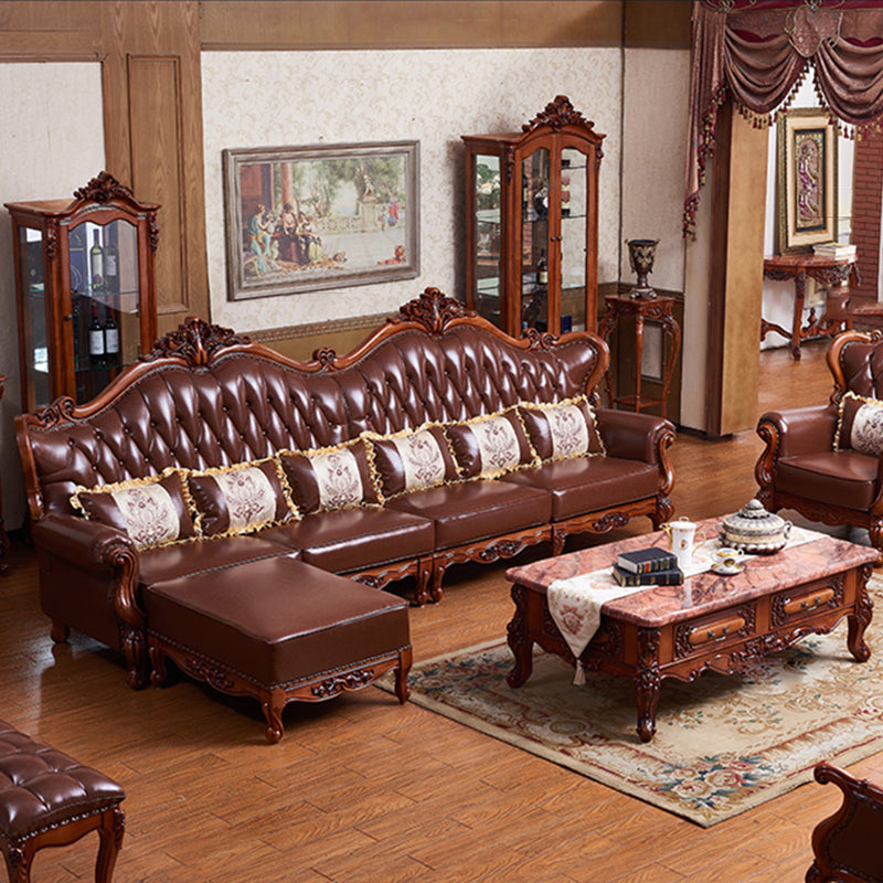 Ornate Traditional Tufted Split-Back Seating Flared Arm Sofa with Pillows in Brown