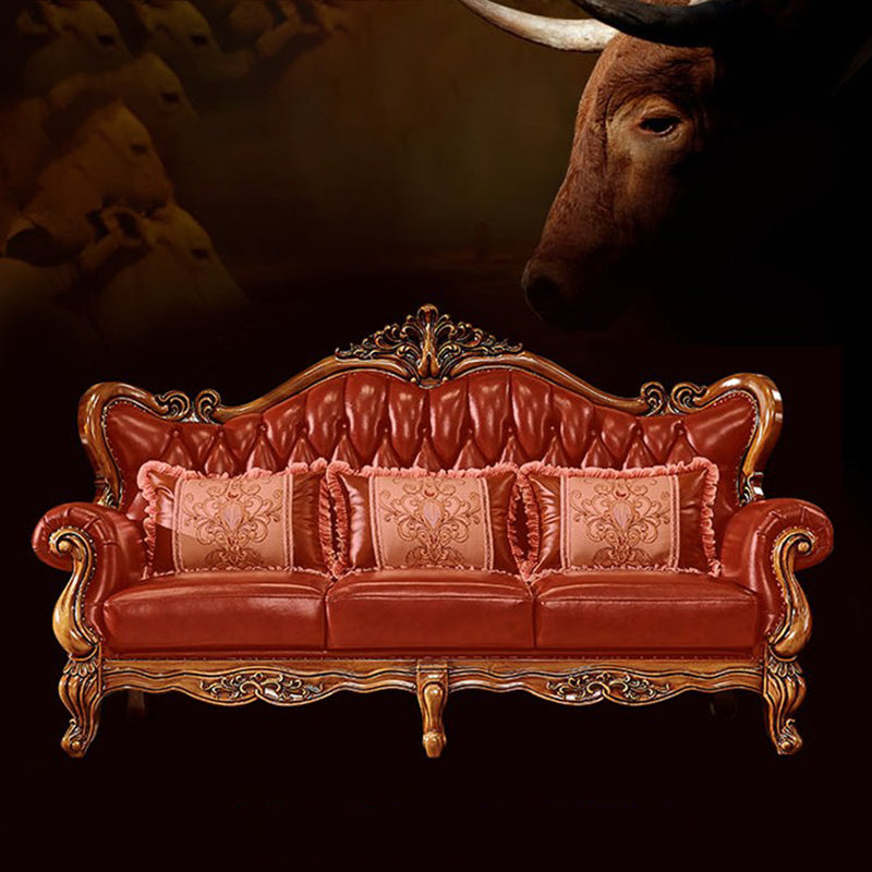 Ornate Traditional Tufted Split-Back Seating Flared Arm Sofa with Pillows in Brown