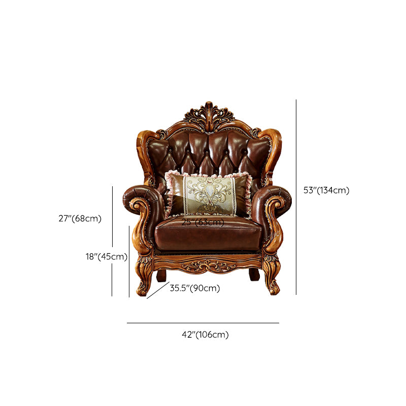 Ornate Traditional Tufted Split-Back Seating Flared Arm Sofa with Pillows in Brown