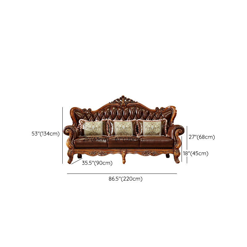 Ornate Traditional Tufted Split-Back Seating Flared Arm Sofa with Pillows in Brown