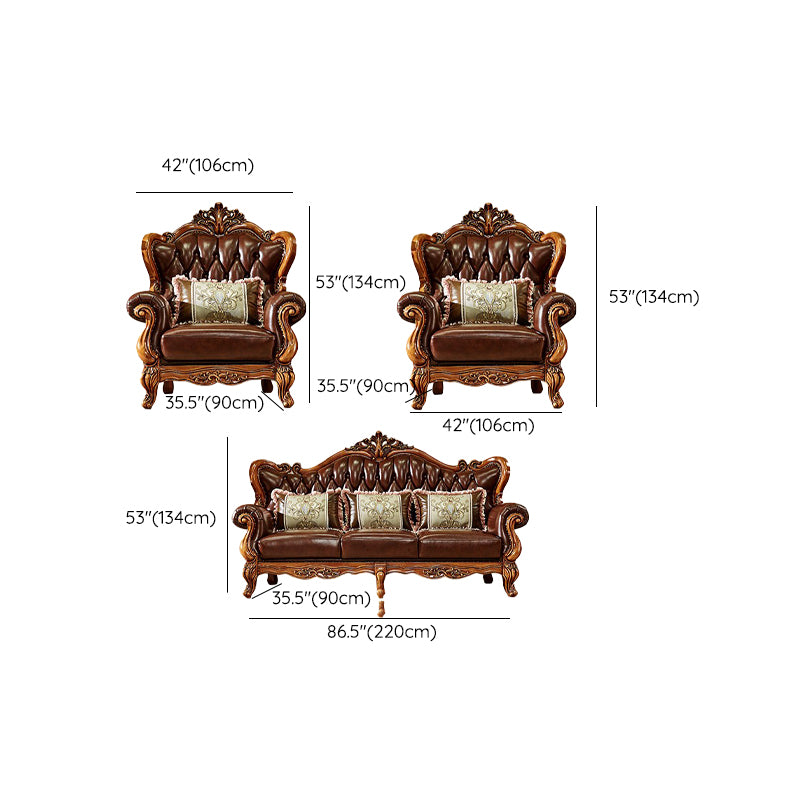 Ornate Traditional Tufted Split-Back Seating Flared Arm Sofa with Pillows in Brown