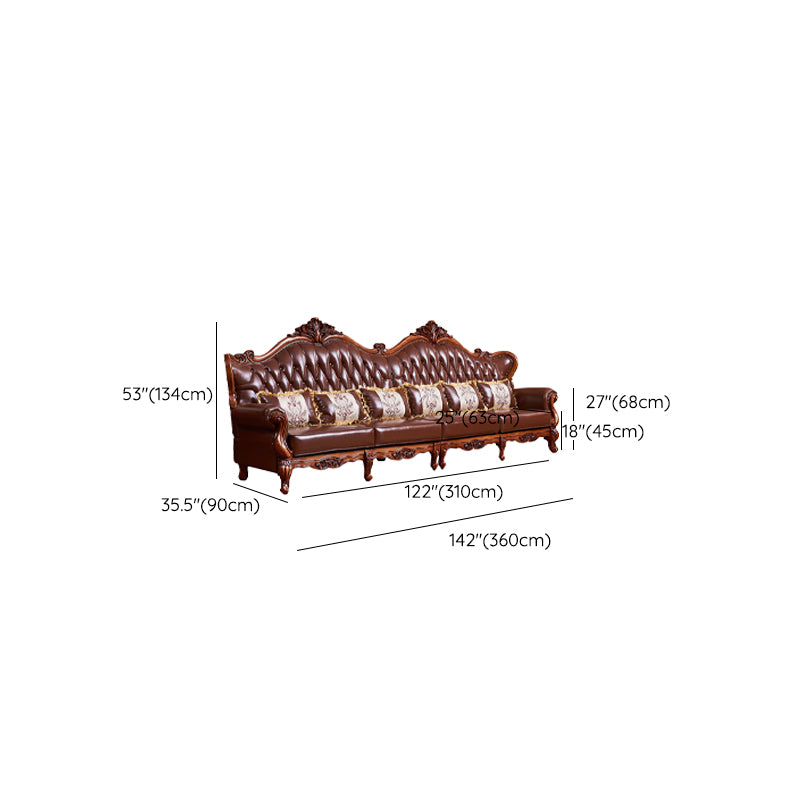 Ornate Traditional Tufted Split-Back Seating Flared Arm Sofa with Pillows in Brown