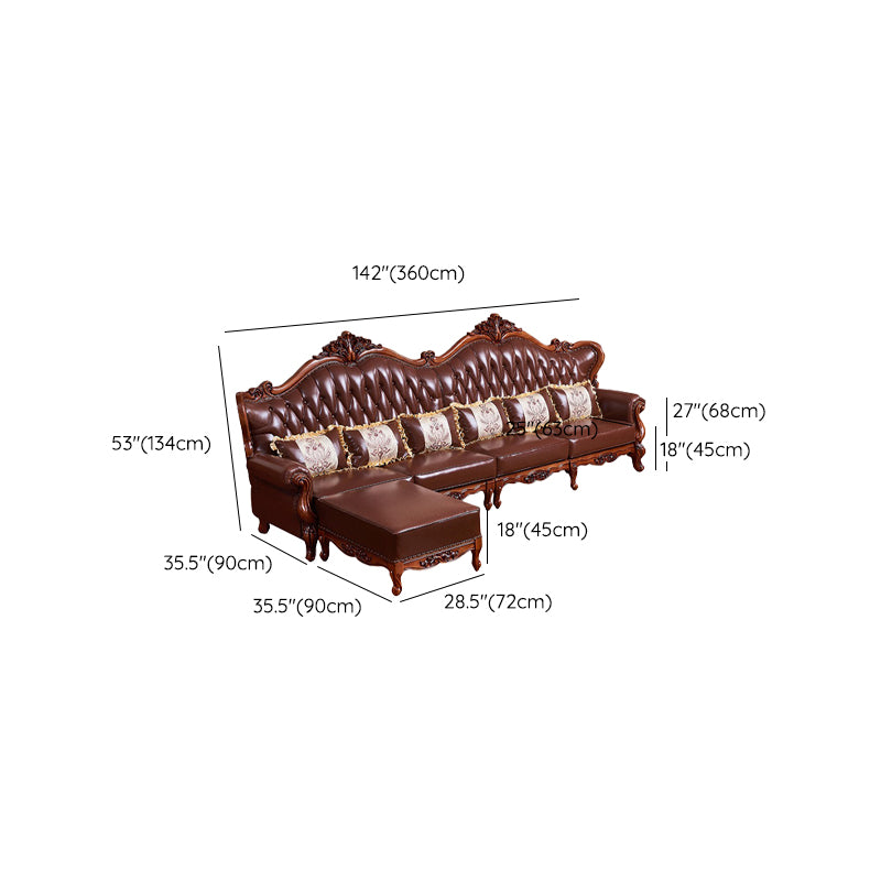 Ornate Traditional Tufted Split-Back Seating Flared Arm Sofa with Pillows in Brown