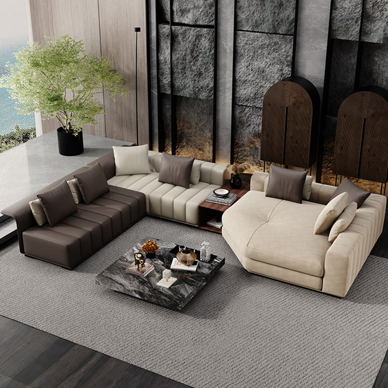 Contemporary Sofa Faux Leather Tufted Off-White Convertible Sofa for Living Room