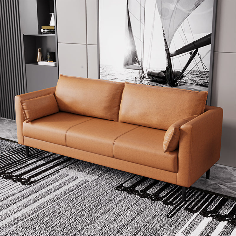 Scandinavian Faux Leather Sofa with 2 Pillows Square Arm Living Room Seating