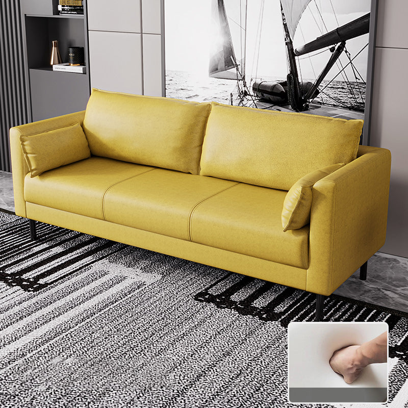 Scandinavian Faux Leather Sofa with 2 Pillows Square Arm Living Room Seating