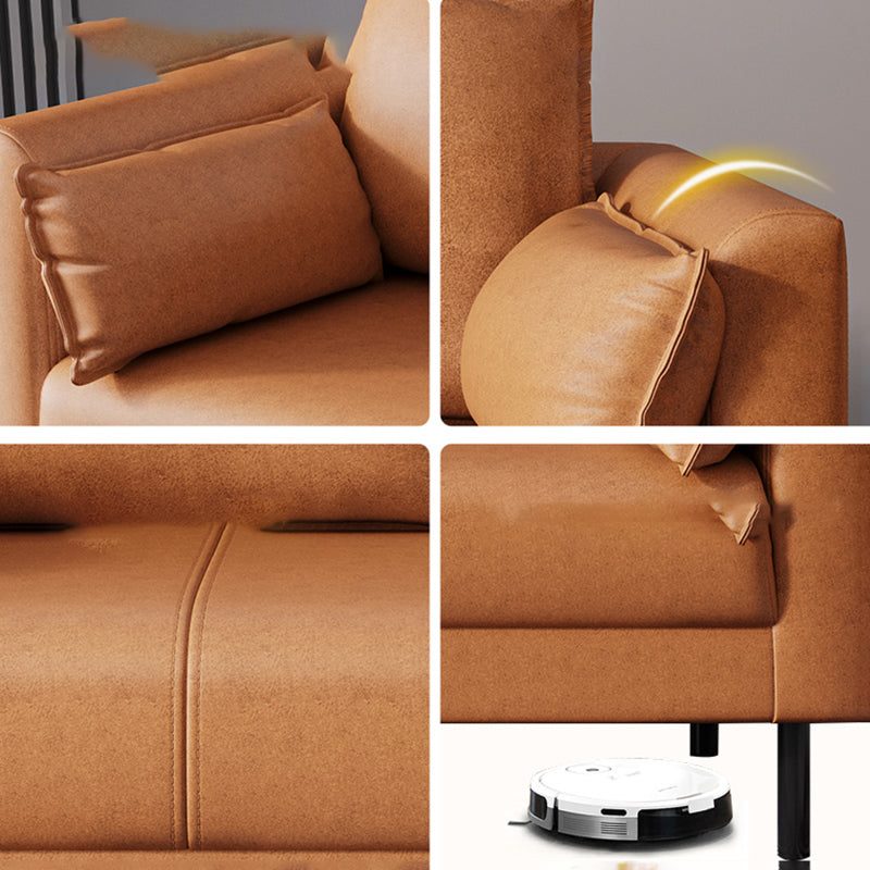 Scandinavian Faux Leather Sofa with 2 Pillows Square Arm Living Room Seating