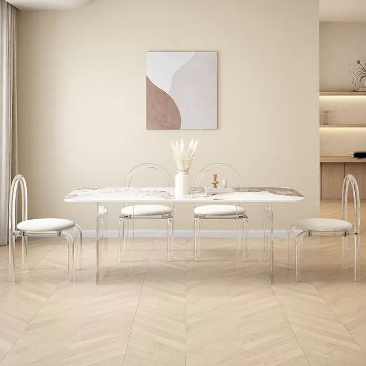 Glam Dining Table Set with Acrylic Base 1/5/7 Pcs Dinette Set with White Chairs