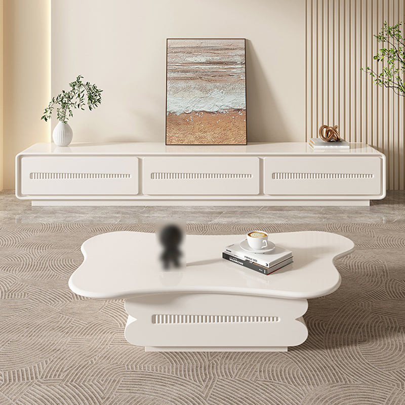 Modern Coffee Table White Wood Free Form Single Coffee Table with 2 Drawers