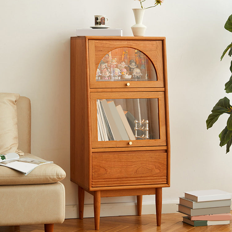 43.3" Tall Natural 1-Drawer Side Cabinet in Cherry 2 Glass Door Solid Wood Chest