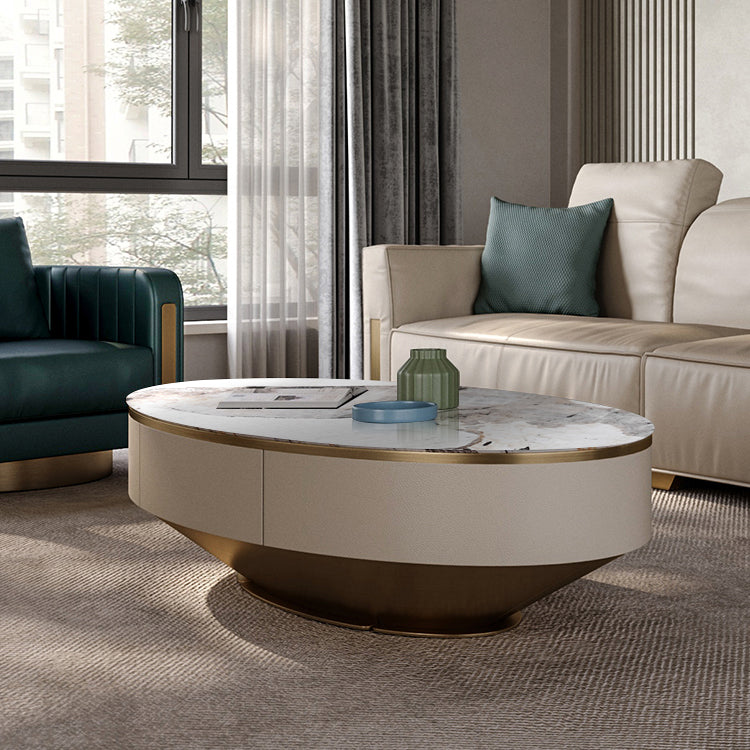 Glam Pedestal Base Coffee Table with Stone Top and Metal Base
