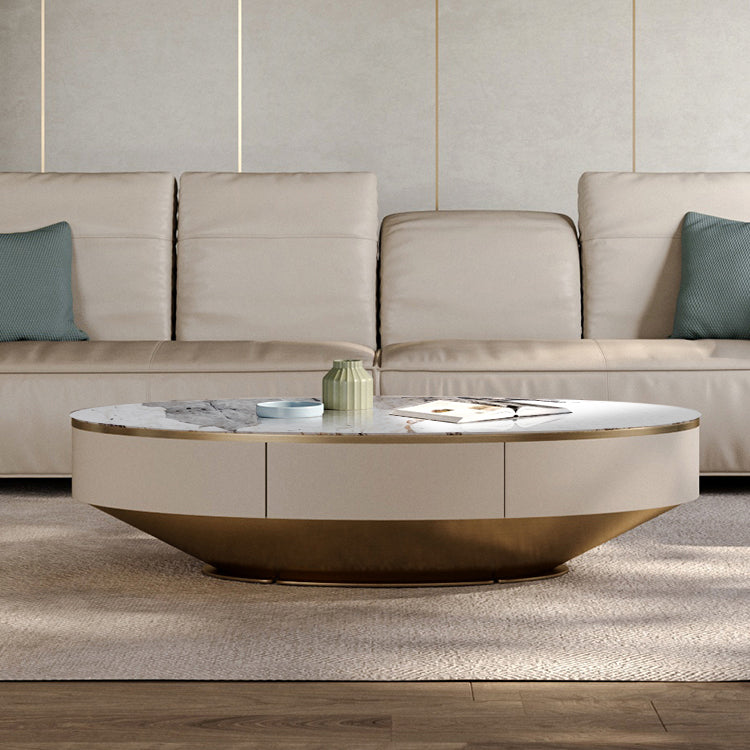 Glam Pedestal Base Coffee Table with Stone Top and Metal Base