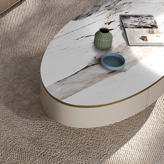 Glam Pedestal Base Coffee Table with Stone Top and Metal Base