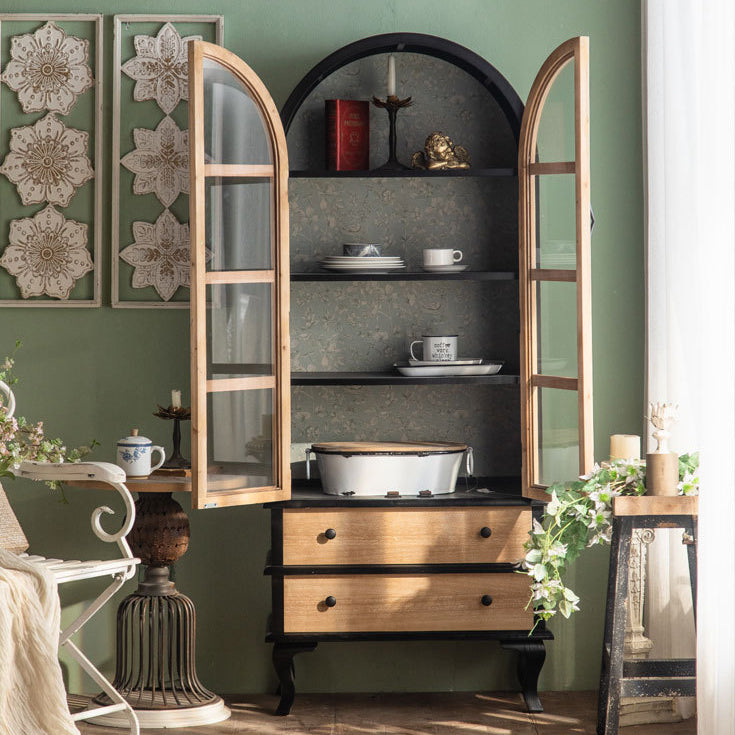 2-Door and 2-Drawer Accent Cabinet 69" Tall Solid Wood Glass Paned Storage Cabinet