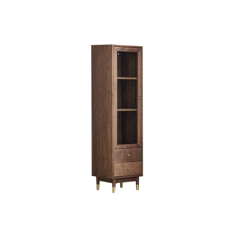 66.9" Tall 2-Drawer Accent Cabinet Solid Wood Glass Paned Side Cabinet in Walnut Brown