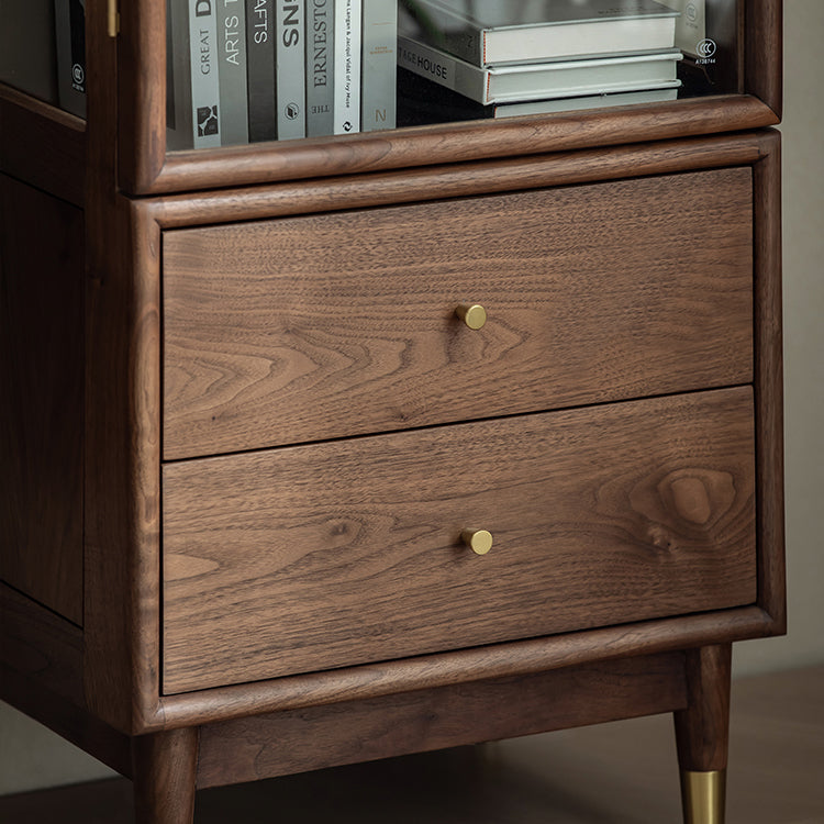 66.9" Tall 2-Drawer Accent Cabinet Solid Wood Glass Paned Side Cabinet in Walnut Brown