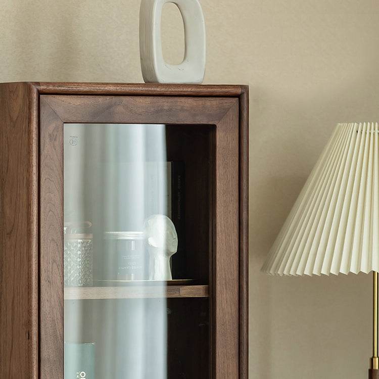 66.9" Tall 2-Drawer Accent Cabinet Solid Wood Glass Paned Side Cabinet in Walnut Brown
