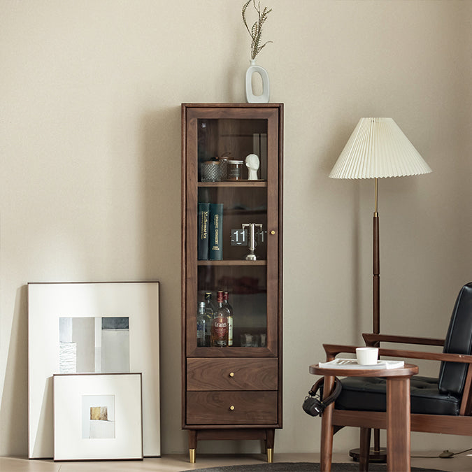 66.9" Tall 2-Drawer Accent Cabinet Solid Wood Glass Paned Side Cabinet in Walnut Brown