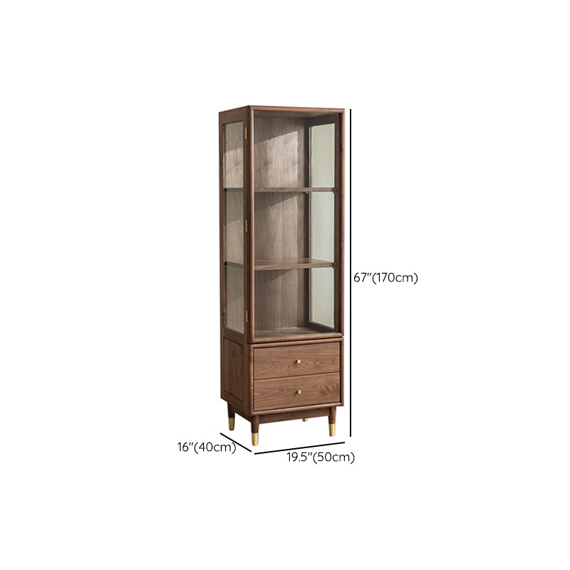 66.9" Tall 2-Drawer Accent Cabinet Solid Wood Glass Paned Side Cabinet in Walnut Brown