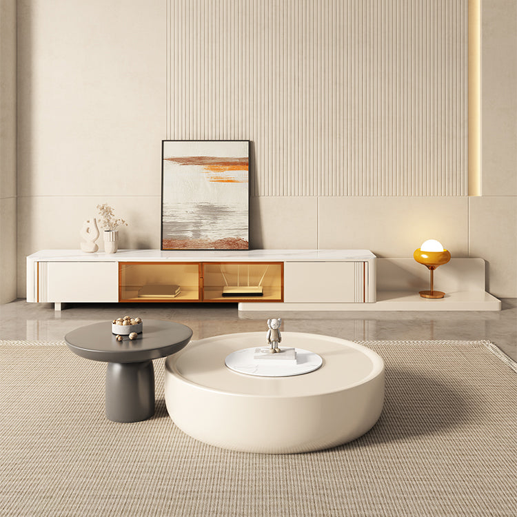 Contemporary Round Cream Coffee Table Set with Storage Drawer