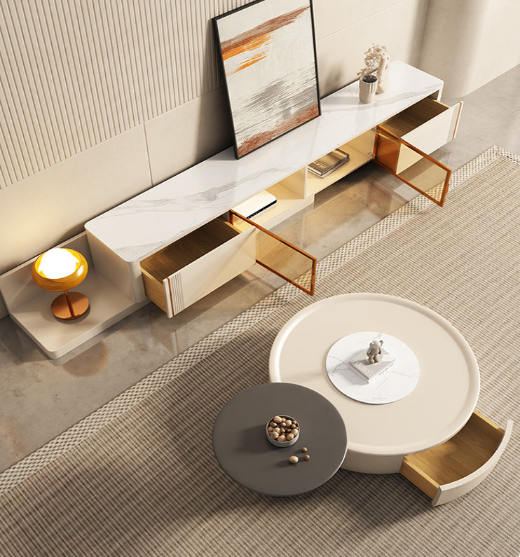 Contemporary Round Cream Coffee Table Set with Storage Drawer