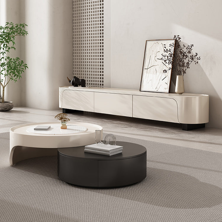 Modern 2 Nesting Coffee Table Set Round Slate Cocktail Table with 2 Drawers