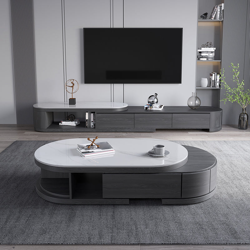 Slate and Wood Coffee Table Oval Single Coffee Table with Storage Drawers