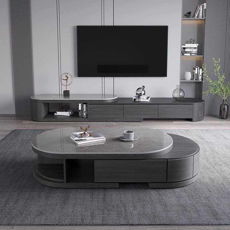 Slate and Wood Coffee Table Oval Single Coffee Table with Storage Drawers