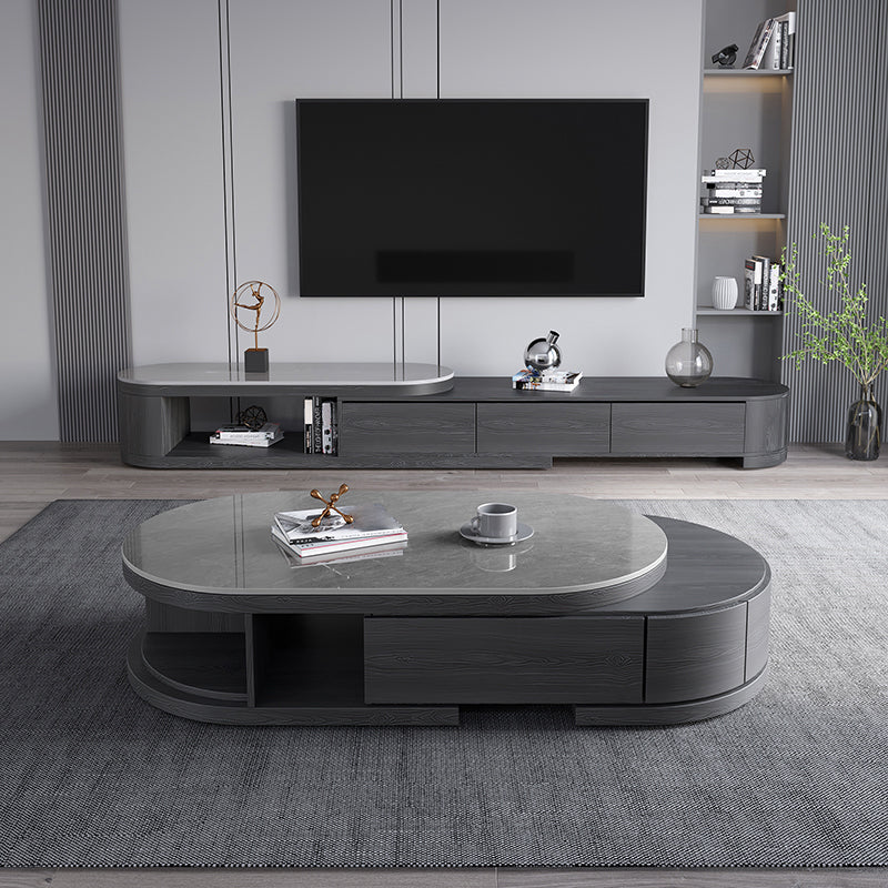 Slate and Wood Coffee Table Oval Single Coffee Table with Storage Drawers