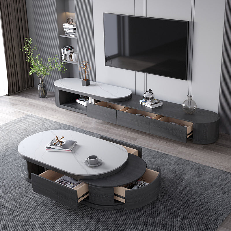 Slate and Wood Coffee Table Oval Single Coffee Table with Storage Drawers