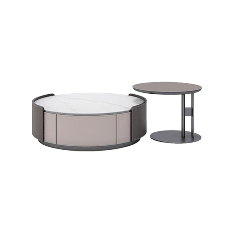 Slate and Leather Drum Coffee Table Modern Round Cocktail Table Set with Storage