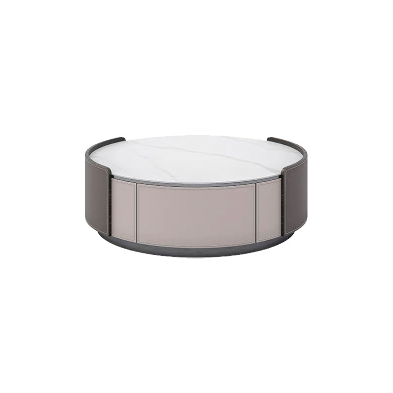 Slate and Leather Drum Coffee Table Modern Round Cocktail Table Set with Storage