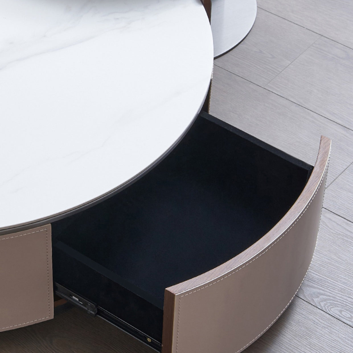 Slate and Leather Drum Coffee Table Modern Round Cocktail Table Set with Storage
