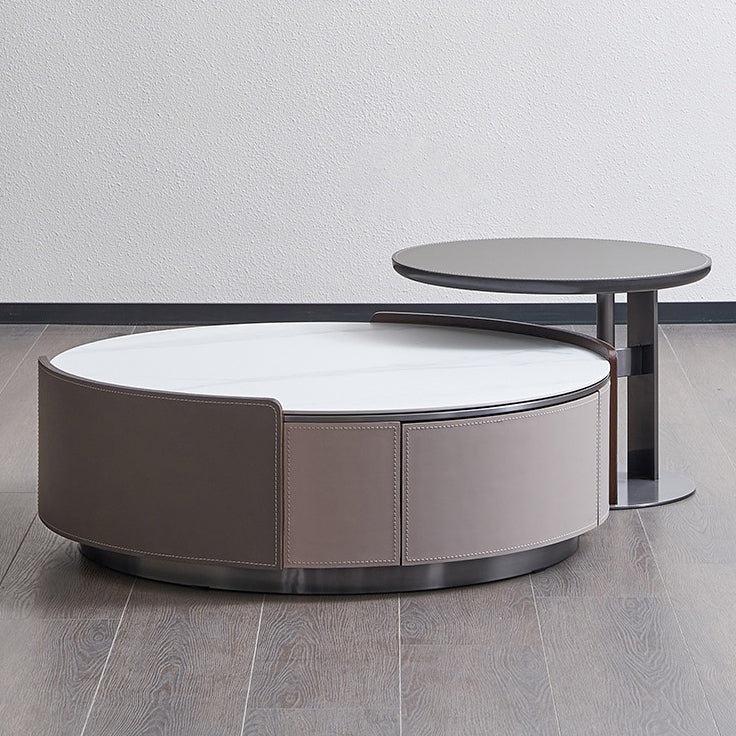 Slate and Leather Drum Coffee Table Modern Round Cocktail Table Set with Storage