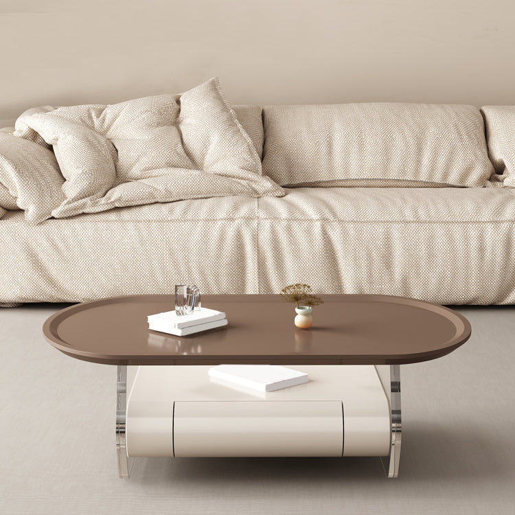 Brown Elliptical Coffee Table 15.7" H 1-Shelf & 1-Drawer Cocktail Table with Acrylic Legs