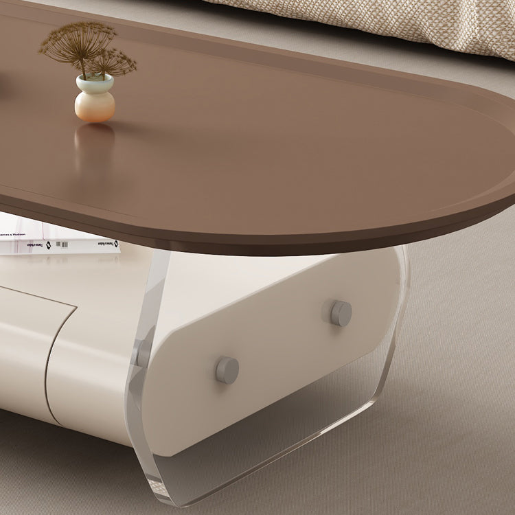 Brown Elliptical Coffee Table 15.7" H 1-Shelf & 1-Drawer Cocktail Table with Acrylic Legs