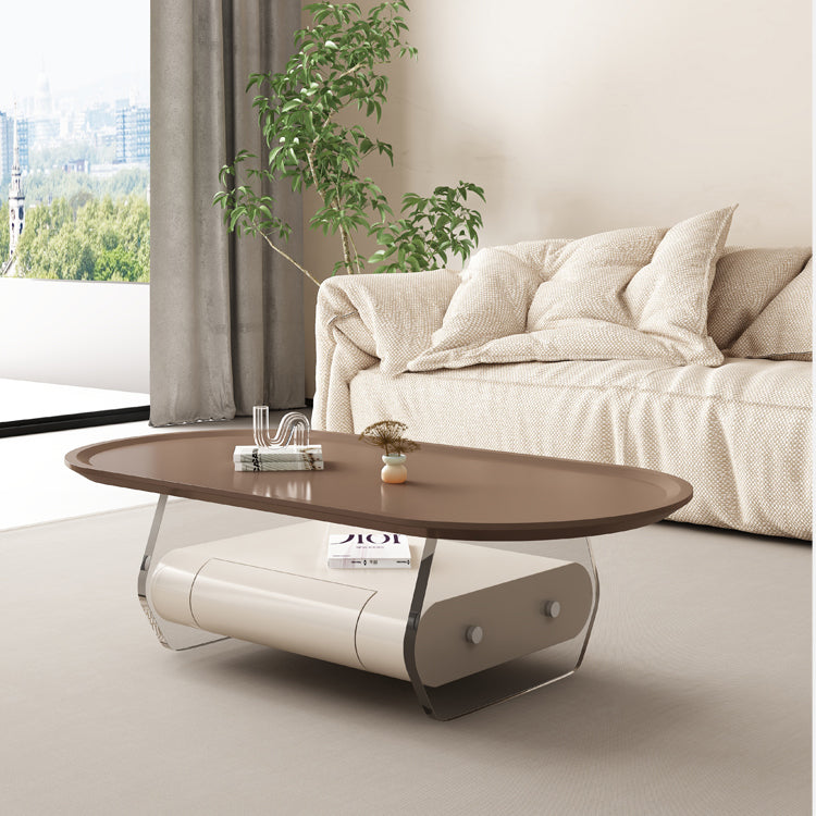 Brown Elliptical Coffee Table 15.7" H 1-Shelf & 1-Drawer Cocktail Table with Acrylic Legs