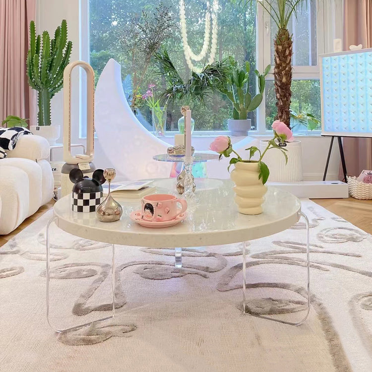 Contemporary Round Terrazzo Coffee Table in White Acrylic Legs 1 Single Cocktail Table
