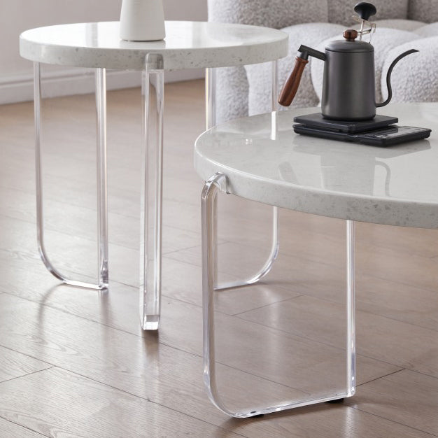 Contemporary Round Terrazzo Coffee Table in White Acrylic Legs 1 Single Cocktail Table