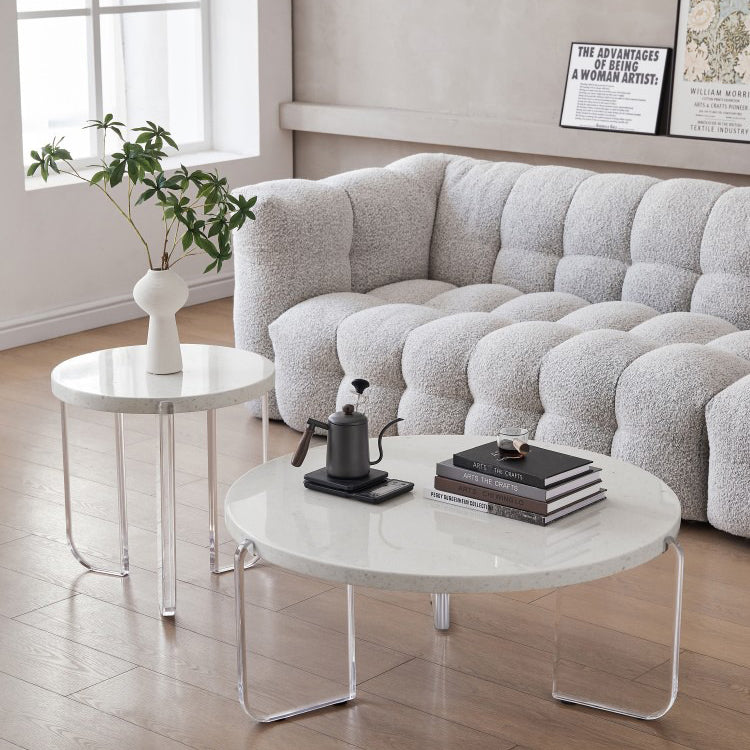 Contemporary Round Terrazzo Coffee Table in White Acrylic Legs 1 Single Cocktail Table