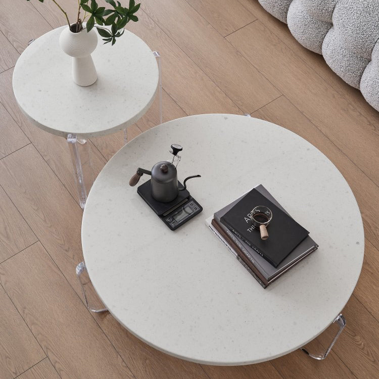 Contemporary Round Terrazzo Coffee Table in White Acrylic Legs 1 Single Cocktail Table
