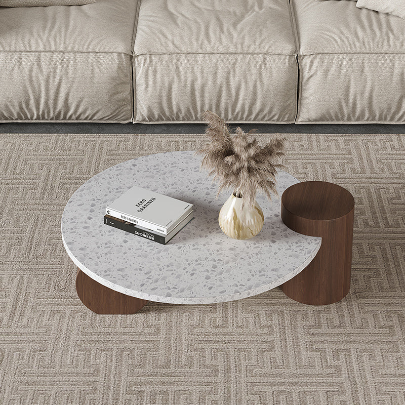 White Round Coffee Table Terrazzo and Pine Wood Cocktail Table Set