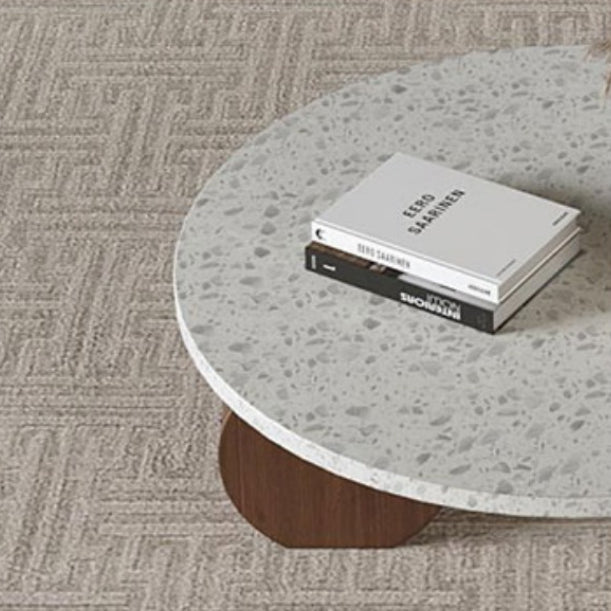 White Round Coffee Table Terrazzo and Pine Wood Cocktail Table Set