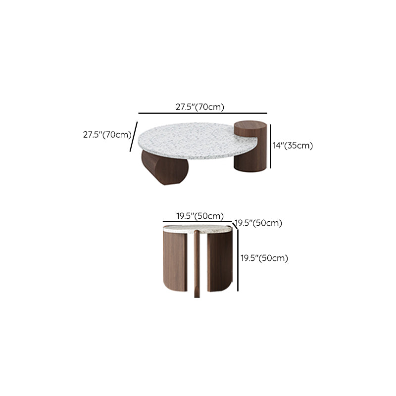 White Round Coffee Table Terrazzo and Pine Wood Cocktail Table Set