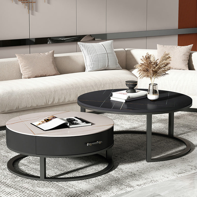 Round Slate Top Coffee Table Set Frame Cocktail Table with Storage Drawers