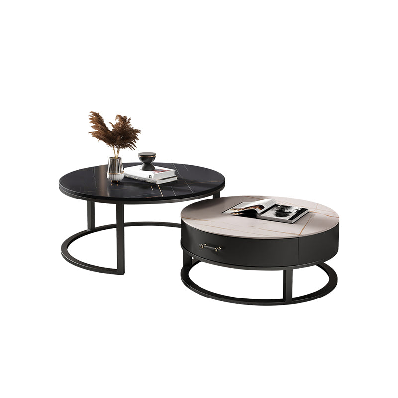 Round Slate Top Coffee Table Set Frame Cocktail Table with Storage Drawers