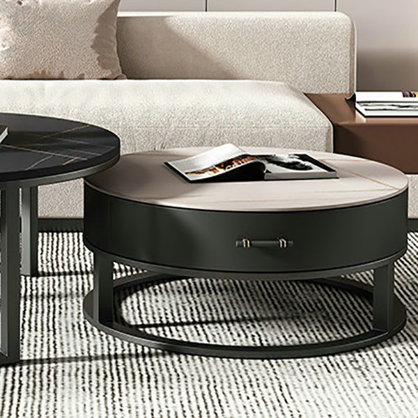 Round Slate Top Coffee Table Set Frame Cocktail Table with Storage Drawers