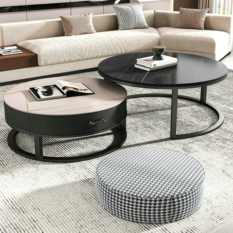 Round Slate Top Coffee Table Set Frame Cocktail Table with Storage Drawers