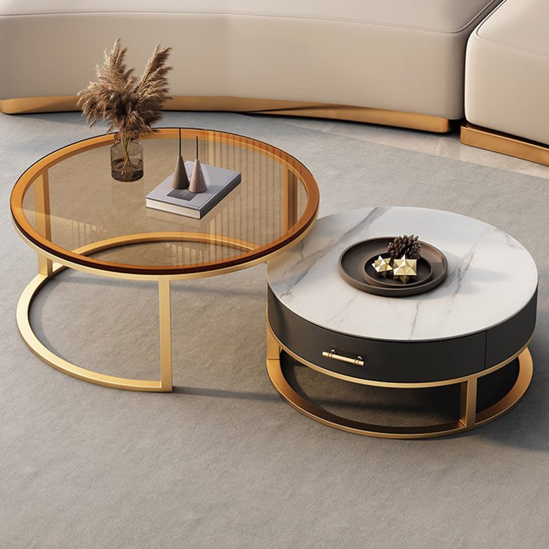 Glass Top Coffee Table Set Frame Cocktail Table with Storage Drawers